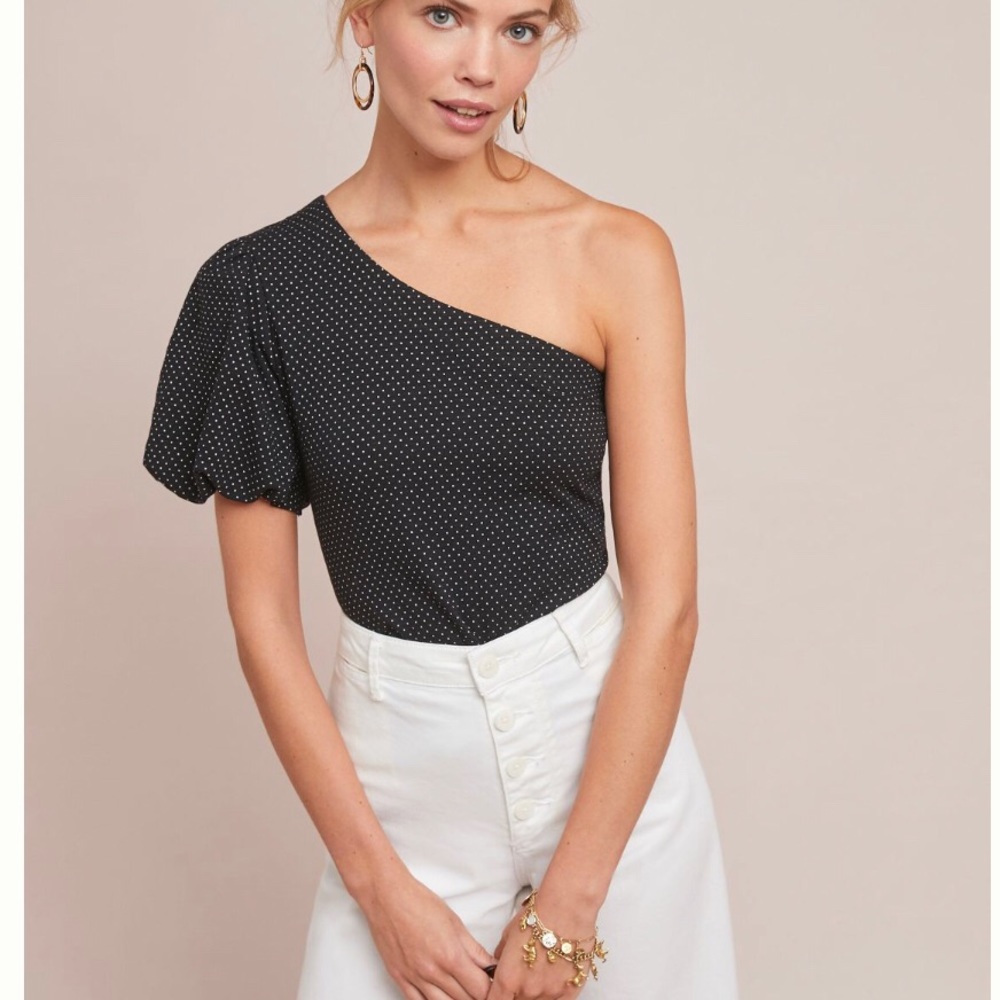 Anthropologie polka-dot one shoulder top. Cute with jeans or skirts.